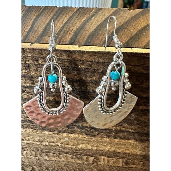 Boho Hippie Western Cowgirl Turquoise Stone Fan Silver Drop Wire Earrings, Gift - Picture 2 of 7